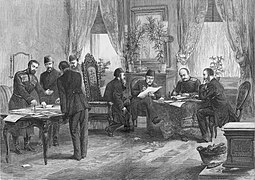 Représentation en noir et blanc de huit diplomates masculins affairés autour de deux tables à l'étude de documents dans un bureau.