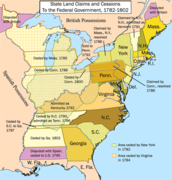 Tierras estatales reclamadas, basadas en cartas coloniales, y más tarde cesiones al gobierno de los Estados Unidos, 1782-1802.