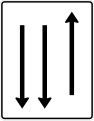 Zeichen 522-32 Fahrstreifentafel; Darstellung mit Gegenverkehr: ein Fahrstreifen in Fahrtrichtung, zwei Fahrstreifen in Gegenrichtung