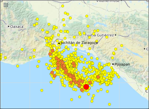 Mapa de terremotos a partir del 13 de septiembre Rojo marca terremotos sobre M w 8,0 Naranja sobre M w 5,0.