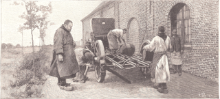 Kloster Mont des Cats: Trappisten verlegen Decauville-Gleise für die Erdbewegung in der Landwirtschaft und transportieren Bier auf einem aus Decauville-Schienen gebauten Wagen, 1898