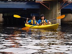 Emily and Sofia making their way along the Charles River in their kayak. (7374951574).jpg