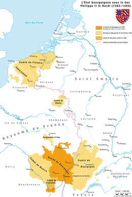 carte de l'état Bourguignon en blanc, avec des zones oranges, jaune, et jaune foncé