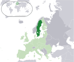 Kinaroroonan ng  Sweden  (luntiang maitim) – sa lupalop ng Europa  (luntiang maputi & maitim na gris) – sa Unyong Europeo  (luntiang maputi)  —  [Gabay]