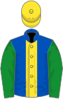 Royal blue, yellow stripe, green sleeves, yellow cap