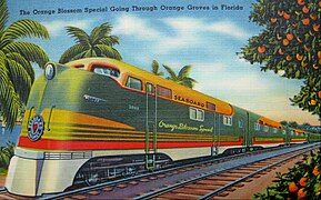 Postcard for Seaboard Air Line Railroad's Orange Blossom Special that travelled between New York City and Miami. Touted as "all electric" it used diesel-electric propulsion beginning in 1938