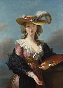 Autoportrait au chapeau de paille (après 1782, s'étant inspirée de la toile Le Chapeau de paille de Rubens vue à Anvers[25]), Londres, National Gallery. Il connaît un tel succès que ses clientes réutilisent les accessoires pour leurs propres portraits