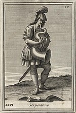 Homo ludanta serpenton. Gravuraĵo de Filippo Bonanni, Gabinetto Armonico pieno d'Instromenti (Romo, 1723).