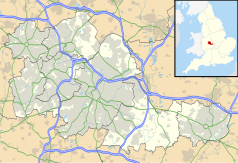 Mapa konturowa West Midlands, na dole po prawej znajduje się punkt z opisem „Finham”