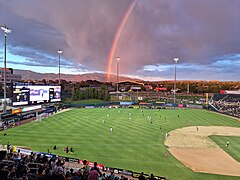 A rainbow appears near Isotopes Stadium in Albuquerque, New Mexico during the second half of the New Mexico United vs Phoenix Rising FC match on 21 June 2022.jpg