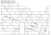 Architectural black on white sketch of a wall missing some stones, with a door at the center and carving marks on the wall surface.