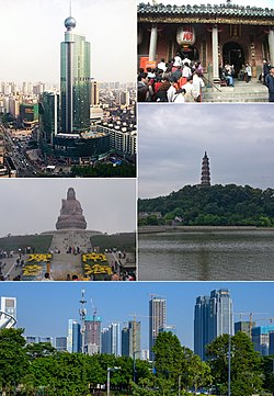 Dari arah kanan atas: Zumiao dari Foshan, Menara Qingyun di Taman Shunfengshan, Gaoming, Guanyin di atas Gunung Xiqiao, & Pusat Foshan di Daerah