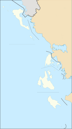 Mapa konturowa Wysp Jońskich, blisko centrum na dole znajduje się punkt z opisem „Argostoli”