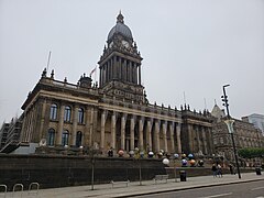 Leeds Town Hall with The World Reimagined globe sculptures.jpg