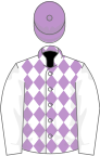 White and mauve diamonds, white sleeves, mauve cap