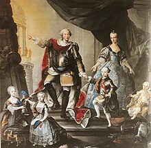 La famille de Victor Amédée III, d’après Giuseppe Duprà (Turin, palais royal). De gauche à droite : Marie-Josèphe, Marie-Thérèse, Victor-Amédée (alors duc de Savoie), le prince de Piémont, l’infante Marie-Antoinette, et le duc d’Aoste dans les bras de Marie-Anne.