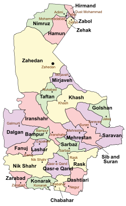 Location of Dalgan County in Sistan and Baluchestan province (left, purple)