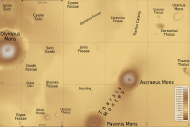 Map of Tharsis quadrangle with major features indicated. The Ceraunius Fossae are in the upper right.