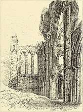 Dessin au crayon représentant les ruines d'une abbatiale gothique, vu sur le côté.