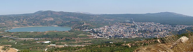 Druze village Mas'ada. Lake Ram. Panoramic view from the north-west of Moshav Nimrod.