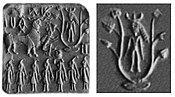 Horned deity with one-horned attendants on an Indus Valley seal. Horned deities are a standard Mesopotamian theme. 2000-1900 BCE. Islamabad Museum.[30][31][32][33]