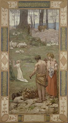Photographie en couleur d'un tableau représentant deux personnages au premier plan, une bergère au second plan et des moutons et des arbres à l'arrière-plan.