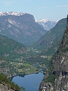 Vassbygdvatnet (lake) in front, Aurlandsfjord in the distance