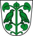 Gemeinde Batzenhofen In Silber eine fünfblättrige Staude, auf deren unteren Zweigen zwei einander zugekehrte grüne Beizvögel sitzen.[7]