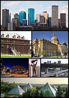 From top left: Downtown Edmonton, Fort Edmonton Park, Legislature Building, Law Courts, Rexall Place , High Level Bridge, Muttart Conservatory