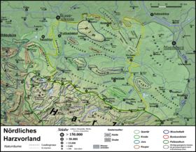 Nördliches Harzvorland (gelb umrandet, ungefährer Verlauf, die Beinumer Mulde 512.00 ist hier nicht eingeschlossen)