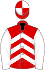 Red and white chevrons, white sleeves, quartered cap