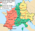 Les Royaumes francs après le partage de Verdun en 843 entre les petits-fils de Charlemagne (les fils de Louis le Pieux).