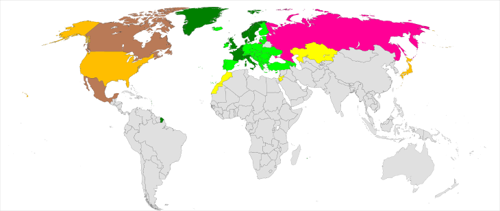 Weltkarte mit den Mitgliedsstaaten des Europarates