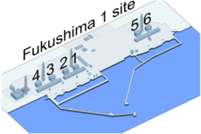 Primer plano del sitio de la central nuclear de Fukushima Daiichi