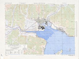 1945年米軍作成の三原市地図。一部1930年代の情報で書かれているため注意。地図中心右側にあるのが糸崎。