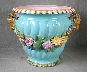 Minton Palissy ware/majolica flower vase, coloured glazes, shape first shown at the 1851 Exhibition, Exhibit Number 60