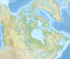 Mapa konturowa Kanady, blisko prawej krawiędzi nieco na dole znajduje się punkt z opisem „Nowa Fundlandia”