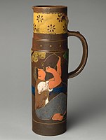 Stoneware tankard with man drinking from jug, Haviland & Co., mid-1880s