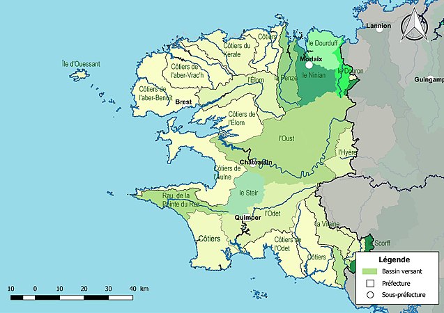 Les principaux bassins versants du Finistère. Cette carte comporte des erreurs (Vilaine et Oust notamment, ce dernier correspondant à l'Aulne)