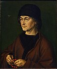 阿爾布雷希特·杜勒的《父親肖像畫（義大利語：Ritratto di Albrecht Dürer il Vecchio (Uffizi)）》，47.5 × 39.5 cm，約繪於1490年，1773年始藏[47]