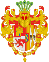 Escudo de Juan de Austria, adornado con lambrequines de plumas de pavo real característica de Austria.