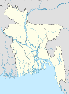 Mapa konturowa Bangladeszu, na dole nieco na lewo znajduje się punkt z opisem „Sundarbany”