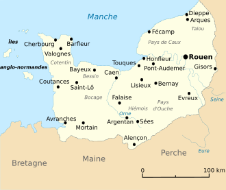 Carte du duché de Normandie au XII siècle avec localisation des villes importantes