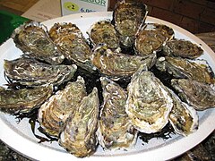Assiette d'huîtres creuses (ou « japonaises » : Magallana gigas, ex-Crassostrea)