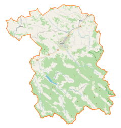 Mapa konturowa powiatu gorlickiego, u góry po lewej znajduje się punkt z opisem „Szalowa, kościół drewniany”