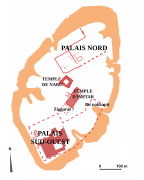 Mapa de ubicación de las áreas excavadas de los edificios principales del tell de Quyunjik, el centro político-religioso de Nínive (una gran parte del palacio no fue desbrozada).