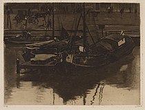 Beurtschepen aan een steiger langs het Damrak (1906), ets op papier, Stadsarchief Amsterdam