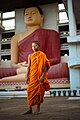 A young monk agains the background of Big Buddha statue in Weherahena Temple. Matara, Southern Province, Sri Lanka