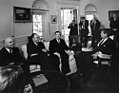President Kennedy meets with Soviet Ambassador Andrei Gromyko in the Oval Office. The President knows but does not reveal that he is now aware of the missile build-up.