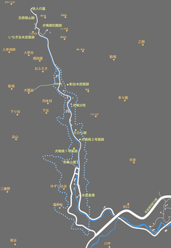 吉川村（犬鳴地区）を再現した地図。水色の点線は、ダムによる水没範囲。現在の旧道は、犬鳴ダム管理出張所で行き止まりである。